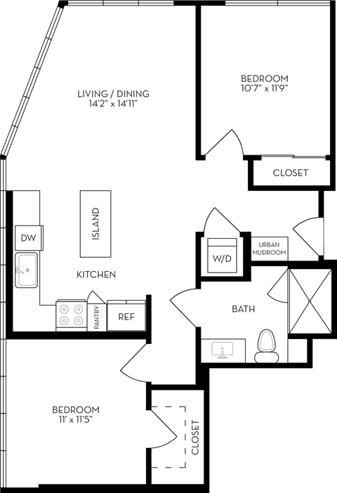a floor plan of a house with bedrooms and baths and a living room and kitchen